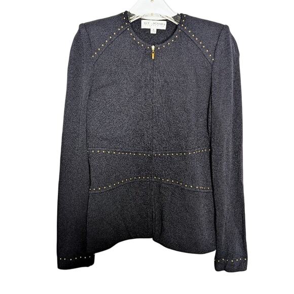 St. John Jackets & Blazers - St. John Collection Vintage Black Full Zip Long Sleeve Jacket Gold Studded 2